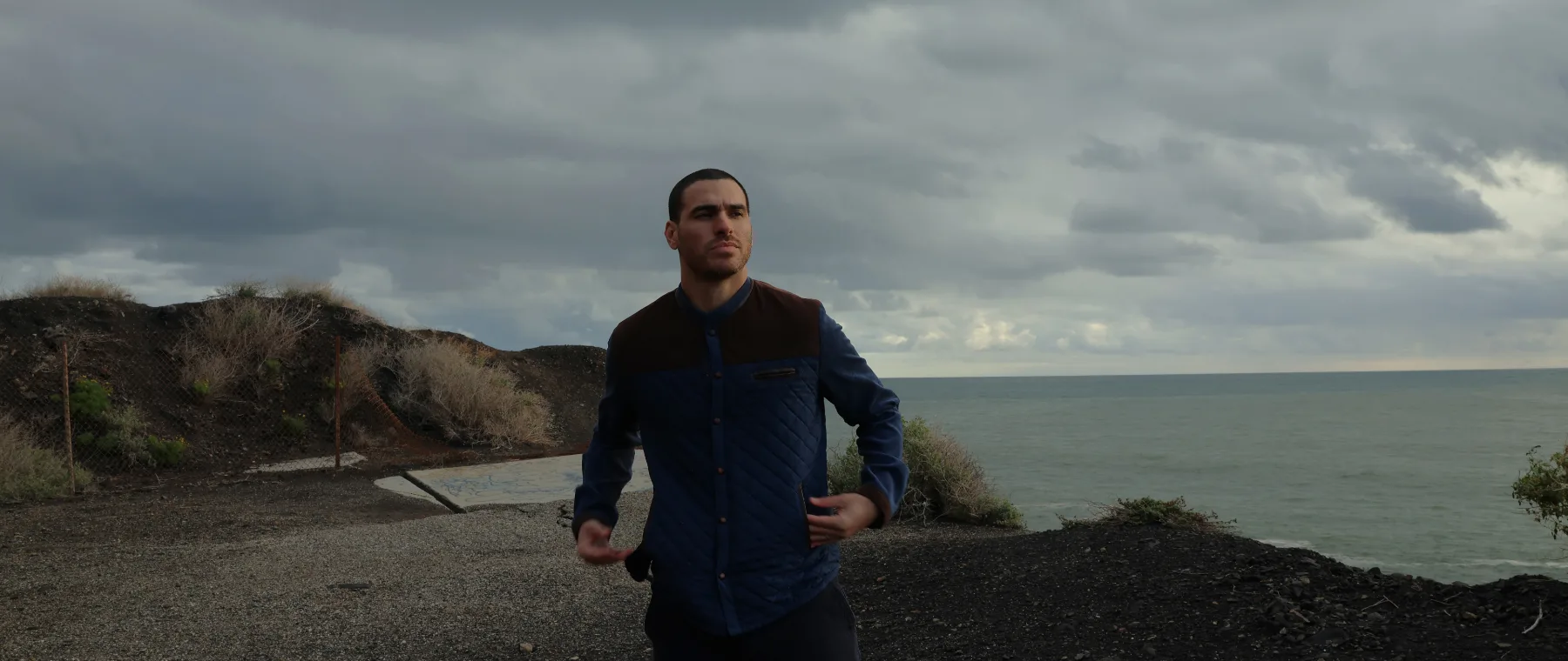 Cassius on a coastal bluff under a stormy sky