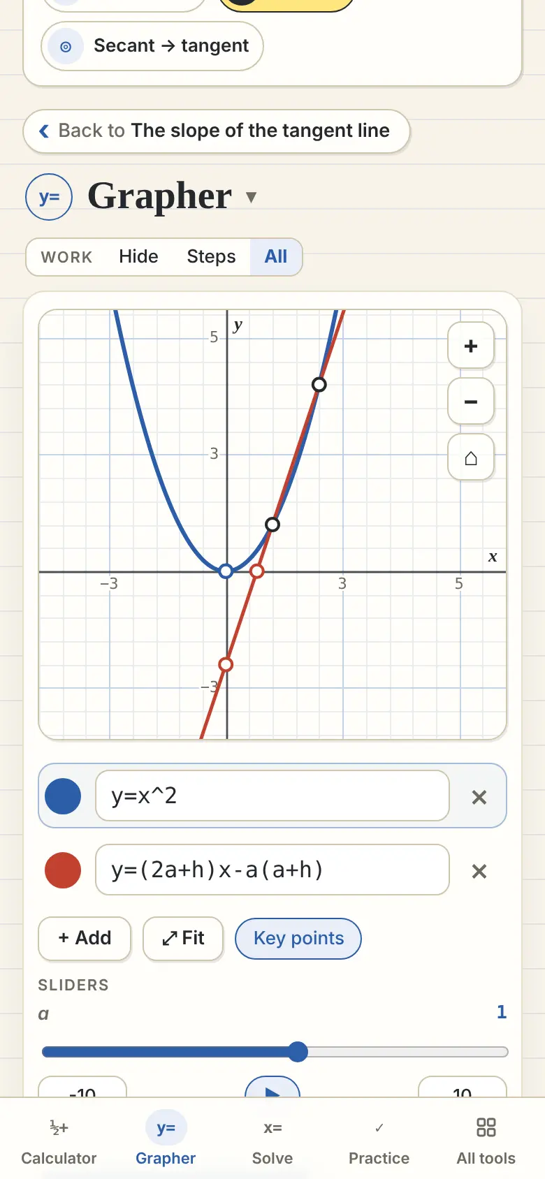 The Grapher: a secant line on y = x², with a slider to slide it into the tangent