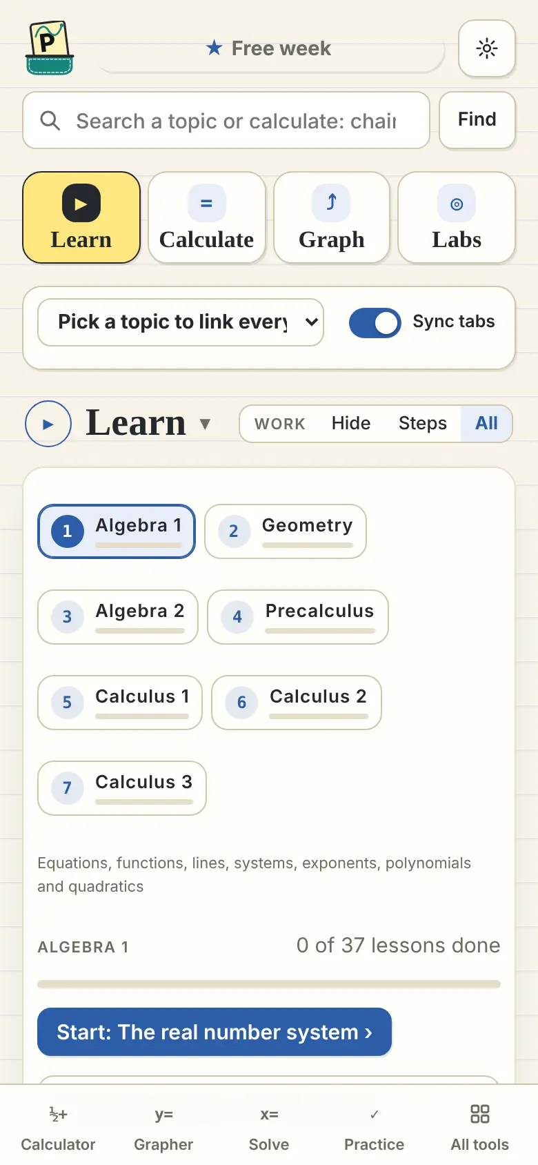Math Learn: seven courses, from Algebra 1 to Calculus 3